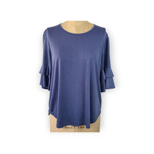 Chris & Carol periwinkle blue jewel neck top ruffled  elbow sleeves Small
